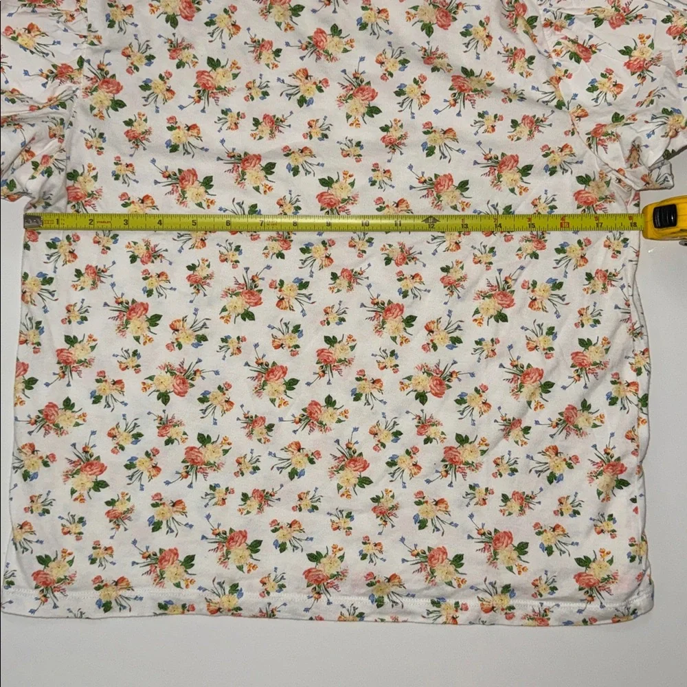 Zara Blouse Top Womens Size S White Floral Knit Puff Sleeve Crew Neck Pullover